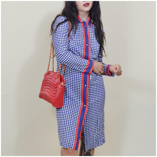 medium 1960s Vintage Shift Dress 60s Button Down Blue and Red Midi Dress POLKA DOT