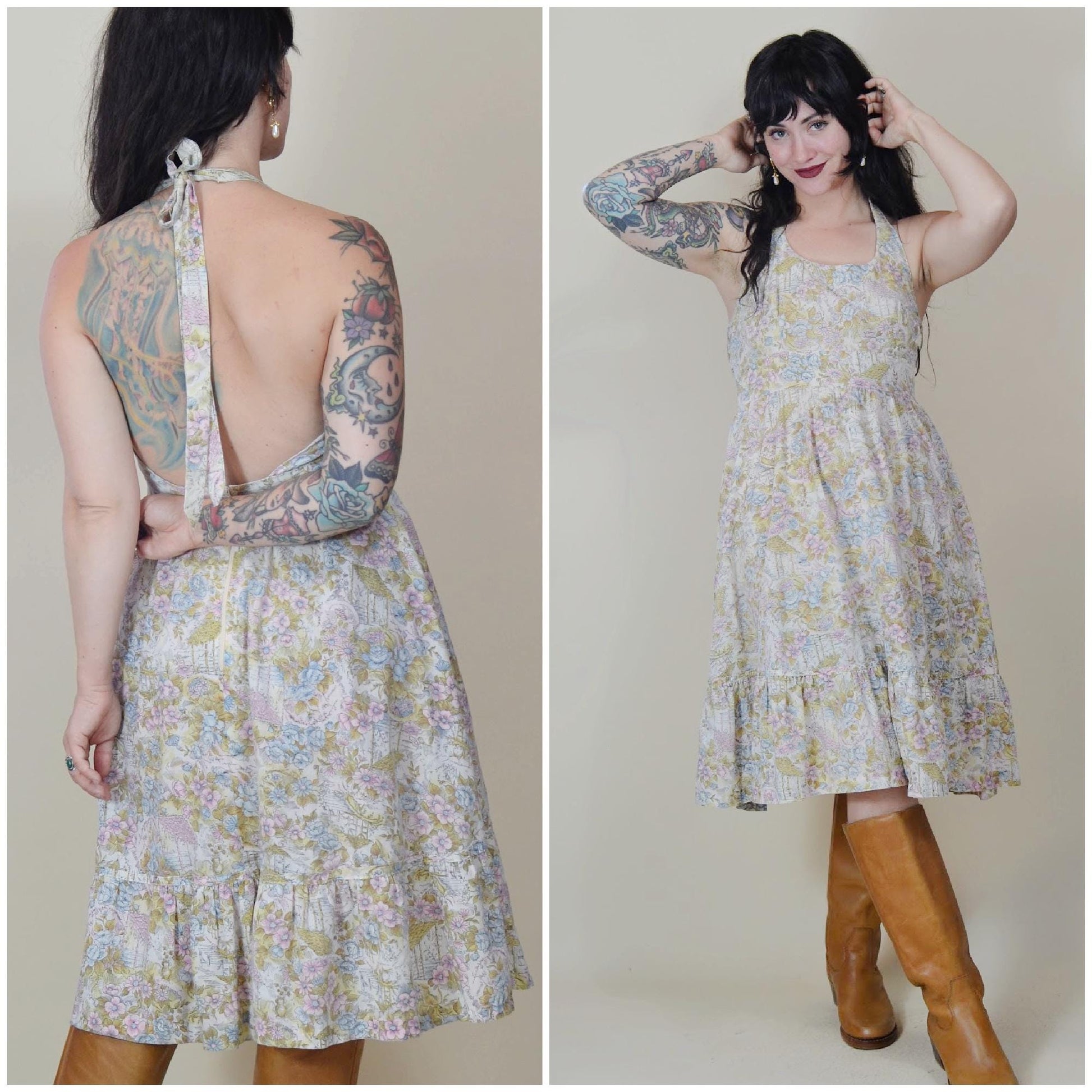 medium - 1970s Halter Dress 70s Vintage Fit and Flare Lightweight Dress Backless