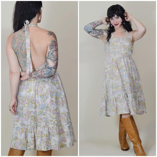 medium - 1970s Halter Dress 70s Vintage Fit and Flare Lightweight Dress Backless