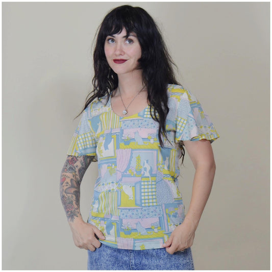 M - 1970s Vintage Cat Print Blouse 70s Cat in a Window Flutter Sleeve
