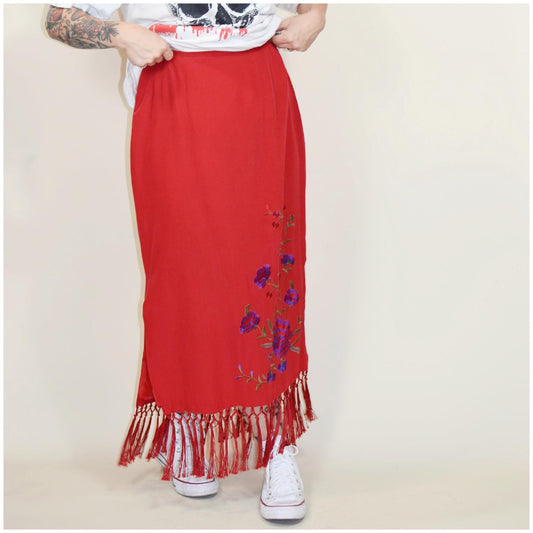 30 waist SILK Vintage Red Maxi Skirt with EMVROIDERY and FRINGE 90s Clio Brand