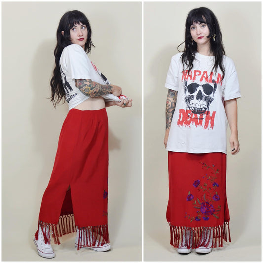 30 waist SILK Vintage Red Maxi Skirt with EMVROIDERY and FRINGE 90s Clio Brand