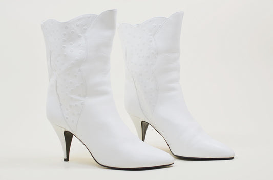 10W VINTAGE 1980s White Leather Boots VTG 80s Punk Goth Bootie Stiletto Heel