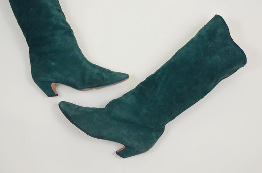 8.5N CHARLES JOURDAN Green Suede Boots Vintage Knee Highs 1980s