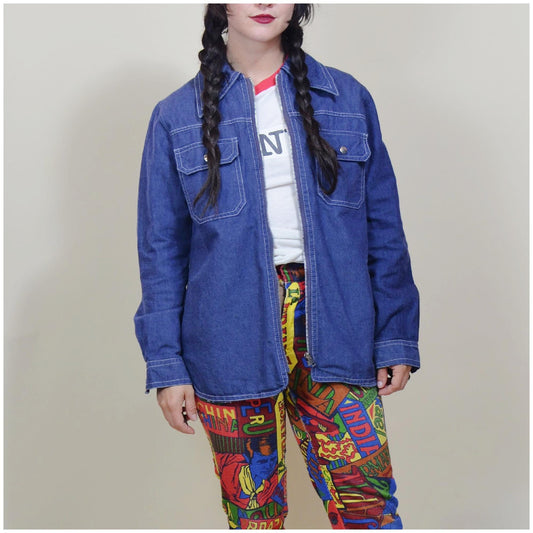 medium 1960s Blue Denim Chore Coat Jean Jacket Vtg 60s Jean Jacket Zipper Front
