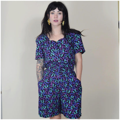 medium 1990s Two Piece Set vintage teal and purple 2-piece wide leg shorts crop blouse