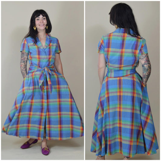 medium - 1990s COTTON Plaid Button Down Dress Wide Belt Full Skirt 90s Sundress