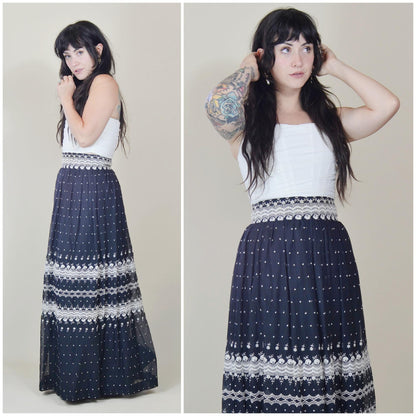 28 waist 1970s BILL TICE Vintage Maxi Skirt 70s Vintage Embroidered Full Skirt