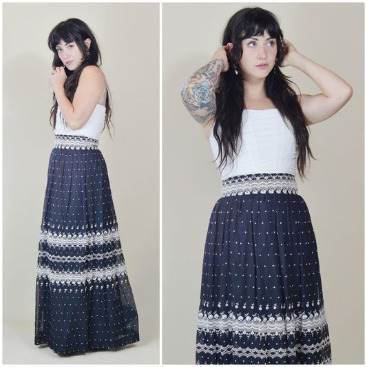 28 waist 1970s BILL TICE Vintage Maxi Skirt 70s Vintage Embroidered Full Skirt