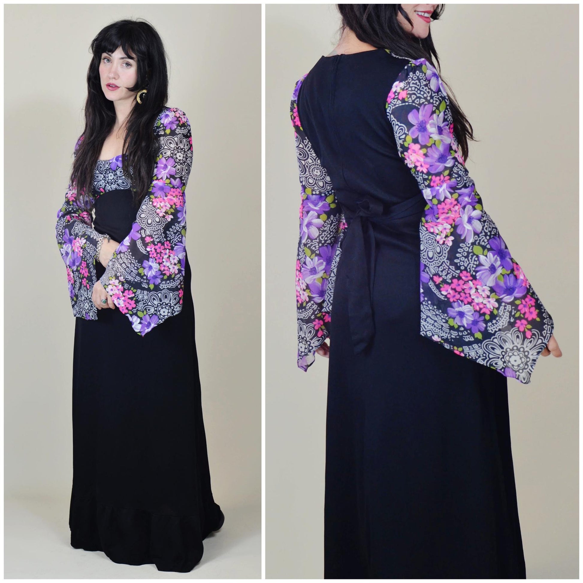 small 1970s Vintage Angel Sleeve Dress 70s Maxi Dress Purple Floral Goth Princess Dress