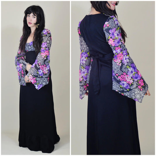 small 1970s Vintage Angel Sleeve Dress 70s Maxi Dress Purple Floral Goth Princess Dress