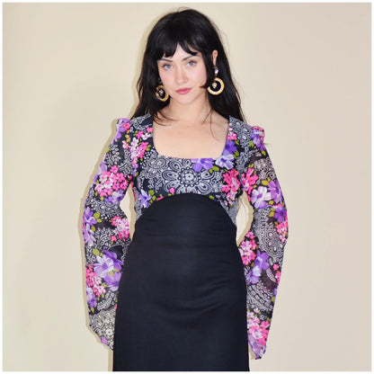 small 1970s Vintage Angel Sleeve Dress 70s Maxi Dress Purple Floral Goth Princess Dress