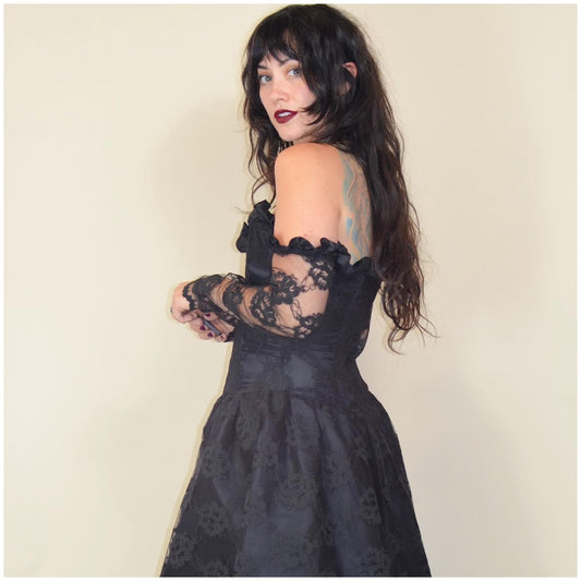 xs NEW LEAF 1980s Gothic Strapless Dress vintage goth 80s lace with gloves