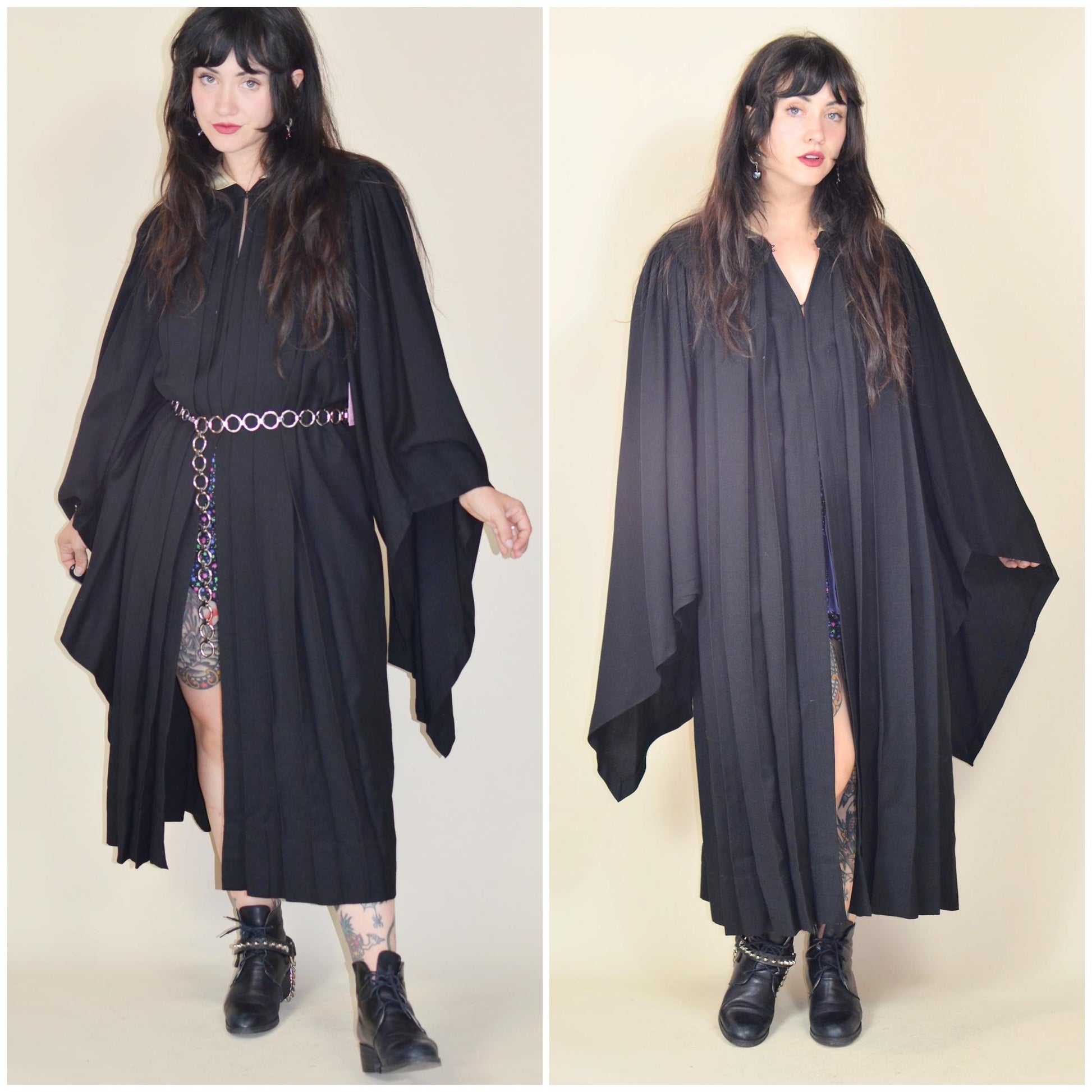 1930s Black Wool Cloak 1936 Catholic College Pleated Gothic Angel Sleeve Graduation Gown