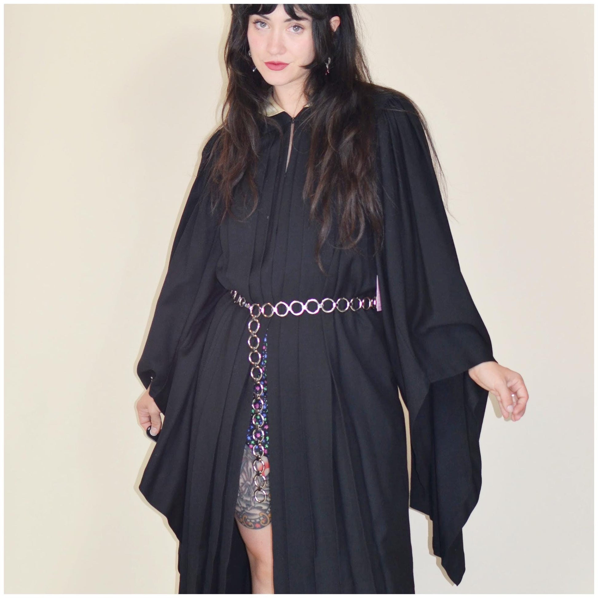 1930s Black Wool Cloak 1936 Catholic College Pleated Gothic Angel Sleeve Graduation Gown