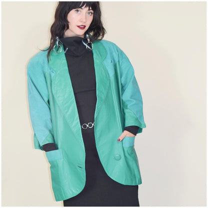 large 1980s Teal Leather Jacket Vintage Batwing 80s Avant Garde Oversized Coat