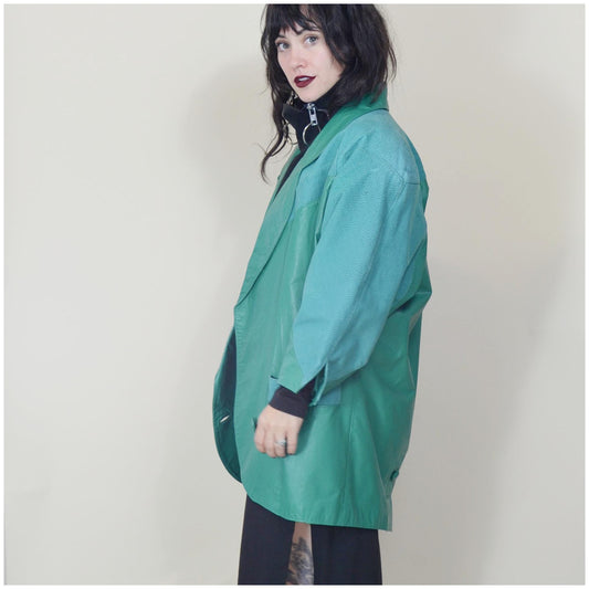 large 1980s Teal Leather Jacket Vintage Batwing 80s Avant Garde Oversized Coat