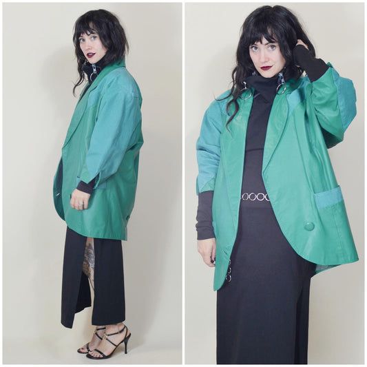 large 1980s Teal Leather Jacket Vintage Batwing 80s Avant Garde Oversized Coat