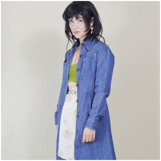 small 1970s denim jacket vintage jean dress 70s