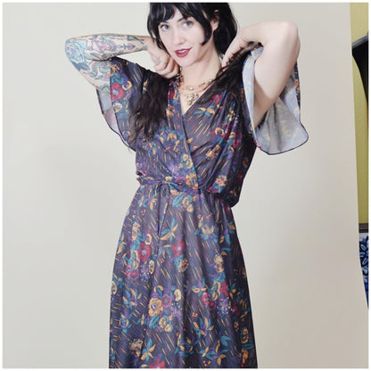 Medium - 1970s Fall Floral Midi Dress Vintage Flutter Sleeve Semi Sheer Dress
