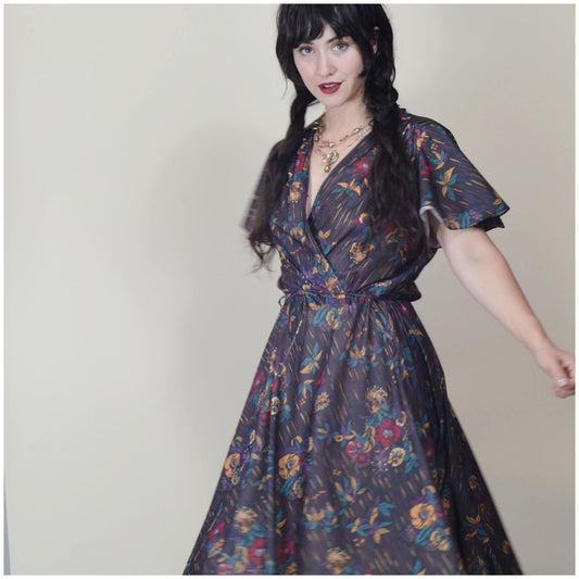 Medium - 1970s Fall Floral Midi Dress Vintage Flutter Sleeve Semi Sheer Dress