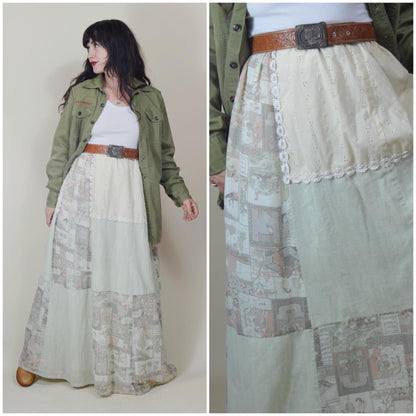 M-L 1970s Hippie Patchwork Skirt Vintage 70s Long Maxi Skirt