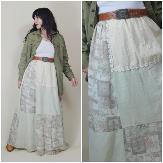 M-L 1970s Hippie Patchwork Skirt Vintage 70s Long Maxi Skirt