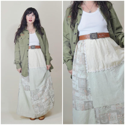 M-L 1970s Hippie Patchwork Skirt Vintage 70s Long Maxi Skirt