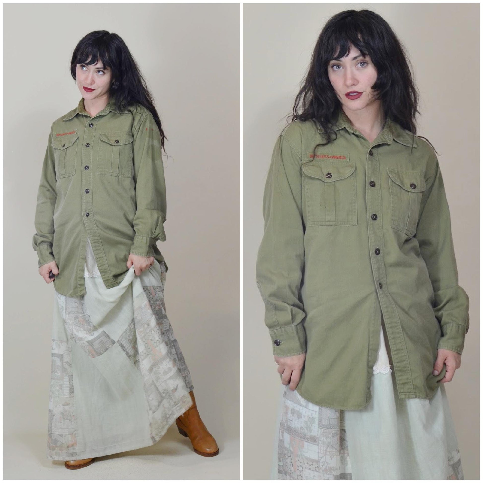 medium 1960s Forest Green Cotton Button Down Shirt Mens BOY SCOUTS of America 70s