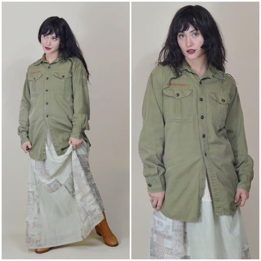 medium 1960s Forest Green Cotton Button Down Shirt Mens BOY SCOUTS of America 70s