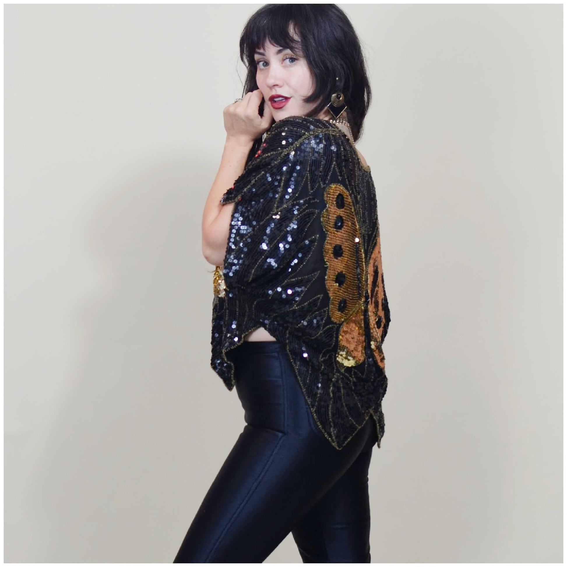 S-M 1970s DISCO Butterfly Blouse Silk Black and Gold Sequin Top Vintage Dancing