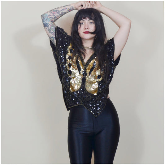 S-M 1970s DISCO Butterfly Blouse Silk Black and Gold Sequin Top Vintage Dancing