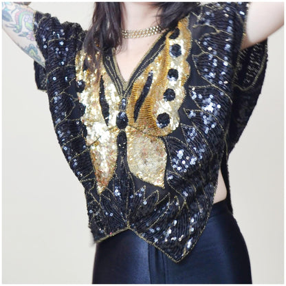 S-M 1970s DISCO Butterfly Blouse Silk Black and Gold Sequin Top Vintage Dancing