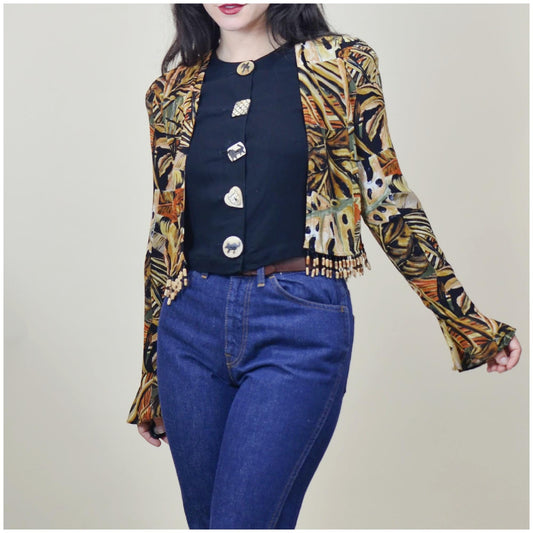 XS - S Vintage PLATINUM Brand Rayon Blouse Jungle Print Fringe Crop Petite Top