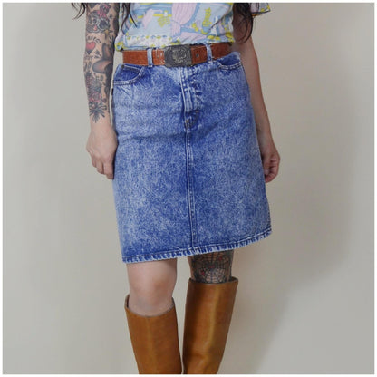28 waist 1980s Vintage Acid Wash Denim Mini Skirt 80s Fitted