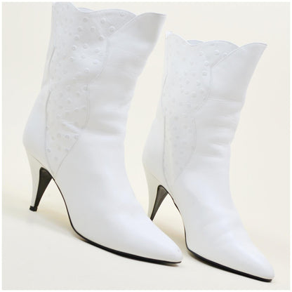 10W VINTAGE 1980s White Leather Boots VTG 80s Punk Goth Bootie Stiletto Heel