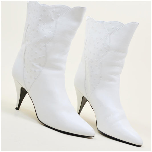 10W VINTAGE 1980s White Leather Boots VTG 80s Punk Goth Bootie Stiletto Heel