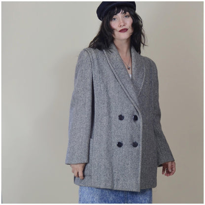 MEDIUM 1980s Grey Cropped Boxy Tweed Jacket 80s Herman Kay