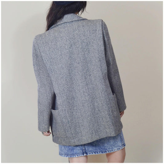 MEDIUM 1980s Grey Cropped Boxy Tweed Jacket 80s Herman Kay
