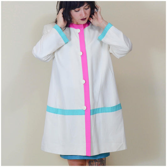 Large 1980s LILLI ANN Cotton Jacket Vintage 80s Colorblock Long Coat