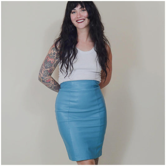 24 waist Fitted Leather Skirt Vintage 90s Coloured Leather Tight Leather Mini Skirt