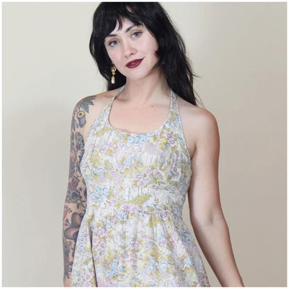 medium - 1970s Halter Dress 70s Vintage Fit and Flare Lightweight Dress Backless
