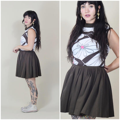 xs 1960s Mini Mod Floral Dress Vintage Brown and White Skater Skirt 60s Vtg