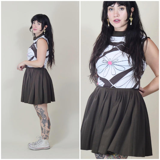 xs 1960s Mini Mod Floral Dress Vintage Brown and White Skater Skirt 60s Vtg