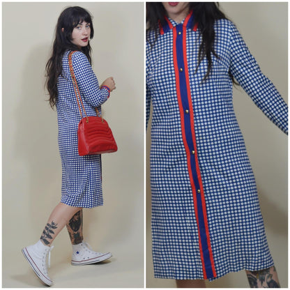 medium 1960s Vintage Shift Dress 60s Button Down Blue and Red Midi Dress POLKA DOT