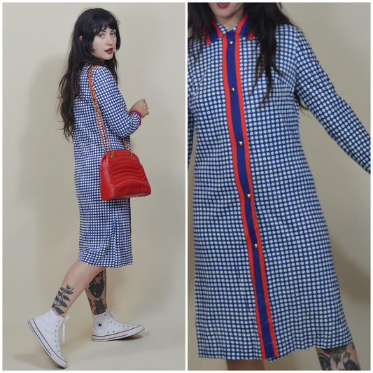 medium 1960s Vintage Shift Dress 60s Button Down Blue and Red Midi Dress POLKA DOT