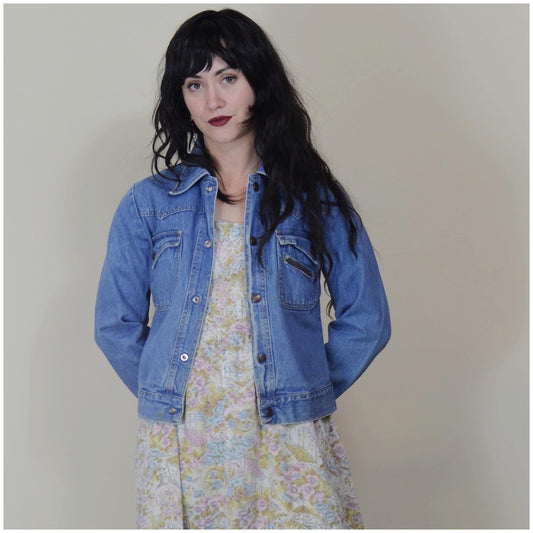 xs 1960s Vintage Denim Jacket Snap Button Jean Jacket 60s Cotton Coat Faded