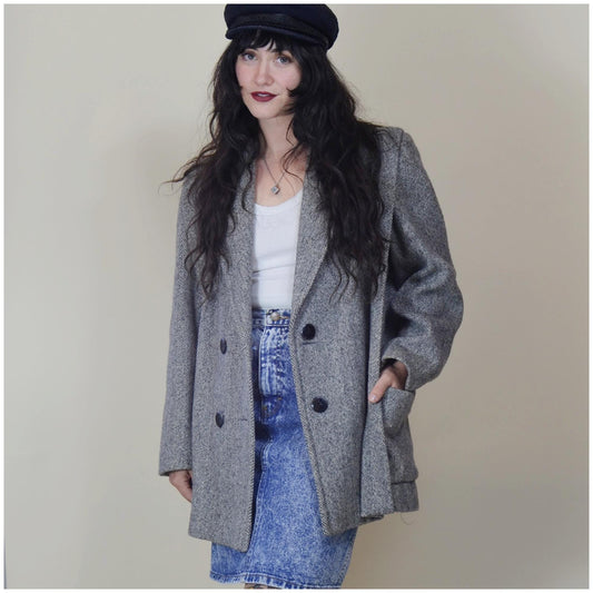 MEDIUM 1980s Grey Cropped Boxy Tweed Jacket 80s Herman Kay