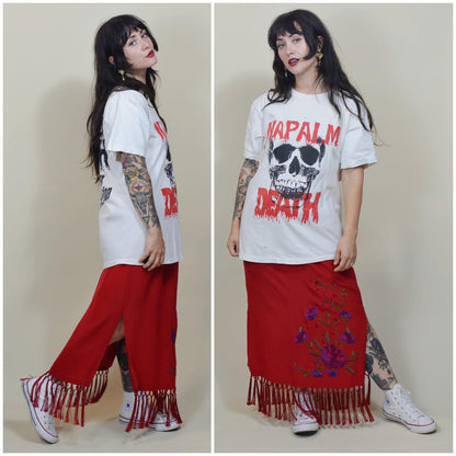 30 waist SILK Vintage Red Maxi Skirt with EMVROIDERY and FRINGE 90s Clio Brand