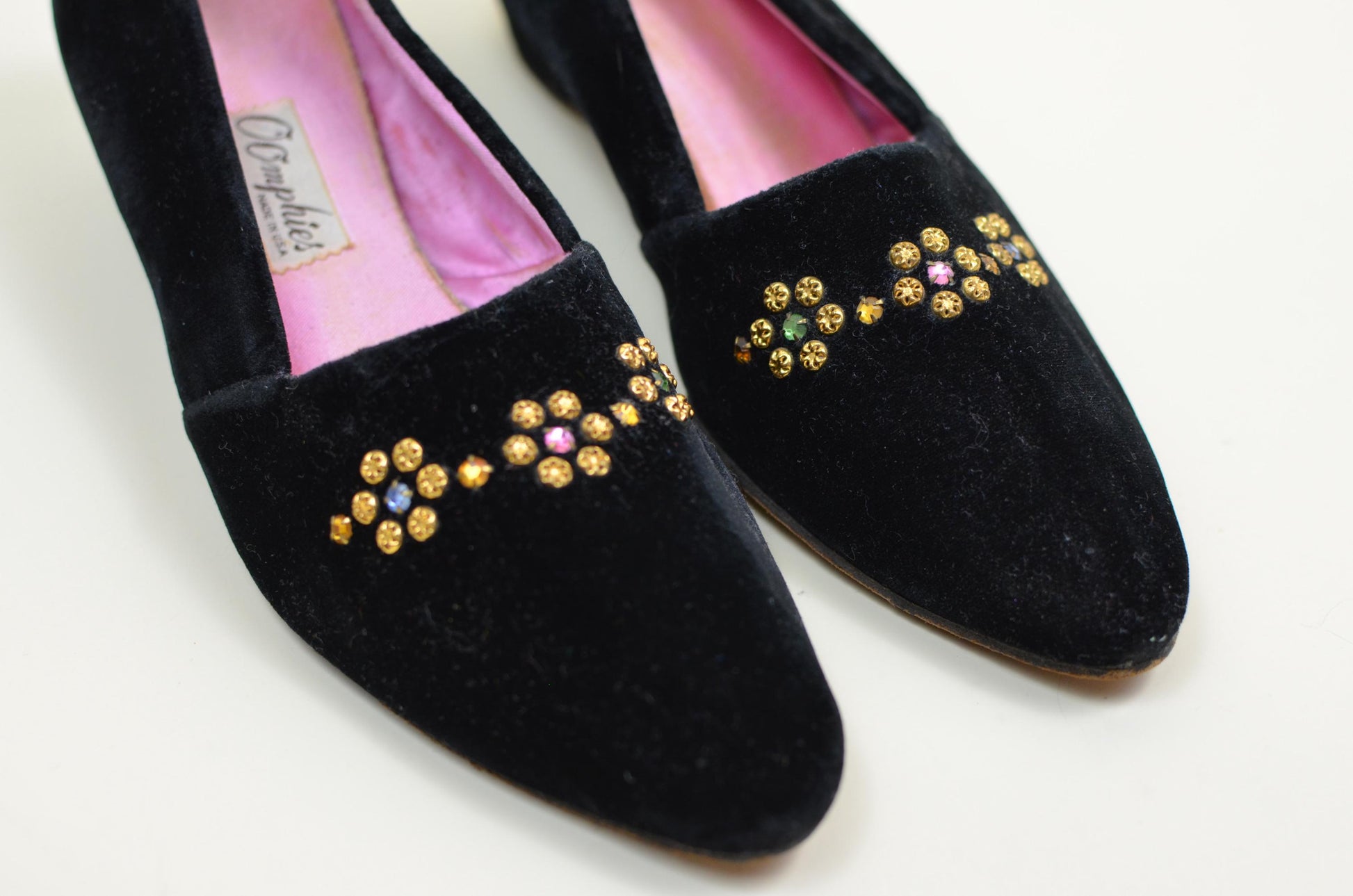 8w Vintage 1940s Velvet Pointed Toe Slippers Vintage Rhinestone Slip on Shoes